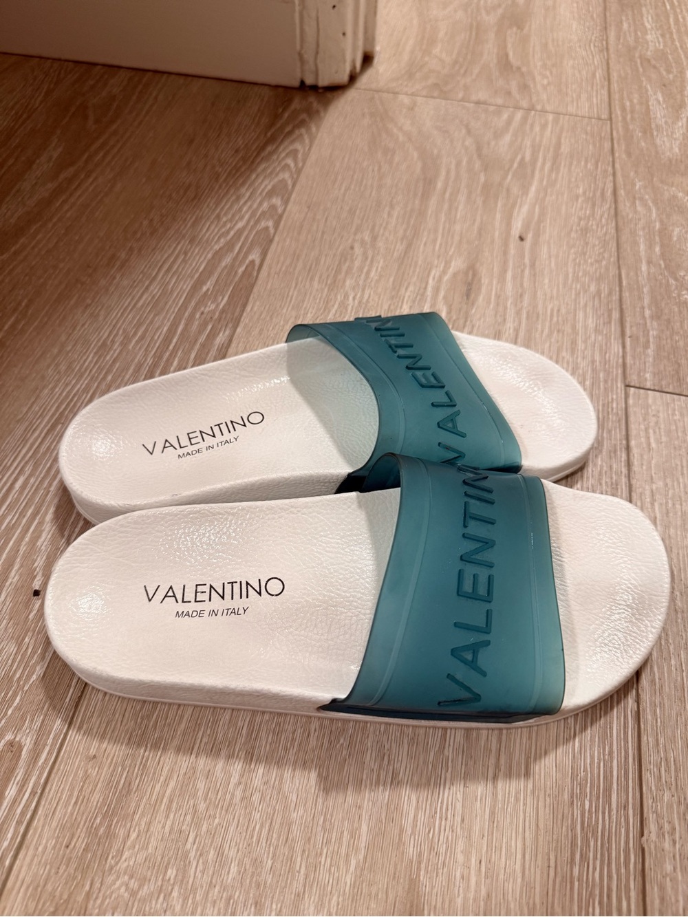 Valentino White Slides with Teal Logo Strap